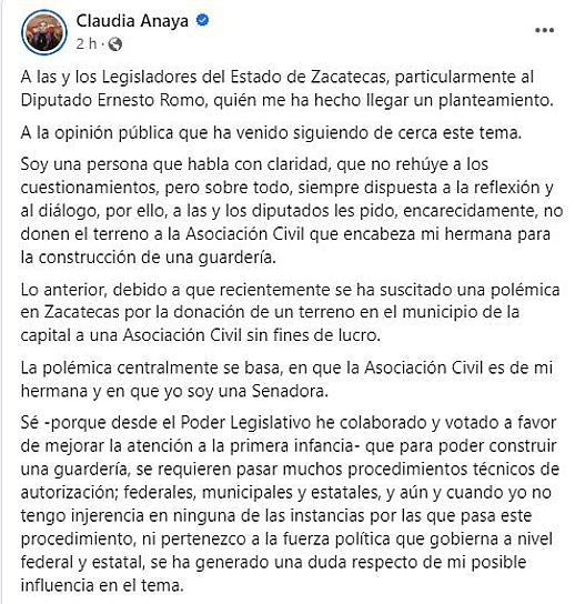 NIEGA CLAUDIA ANAYA CONFLICTO DE INTERÉS POR INICIATIVA DE DONACIÓN DE TERRENO