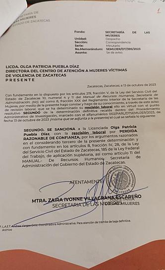NOTIFICAN RESCISIÓN LABORAL DE DIRECTORA DE VÍCTIMAS DE VIOLENCIA 