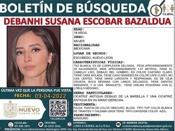 OFRECE GOBIERNO DE NUEVO LEÓN 100 MIL PESOS DE RECOMPENSA PARA LOCALIZAR A DEBANHI