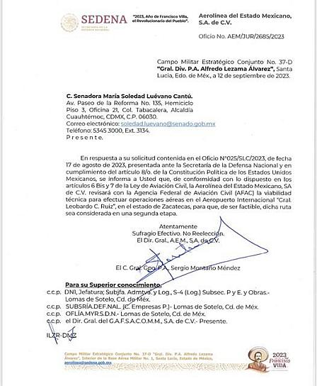PIDEN CONISDERAR RUTA A ZACATECAS DEL AIFA EN MEXICANA DE AVIACIÓN 