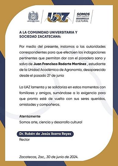 PIDE RECTOR DE LA UAZ BÚSQUEDA DE ESTUDIANTE PRIVADO DE SU LIBERTAD