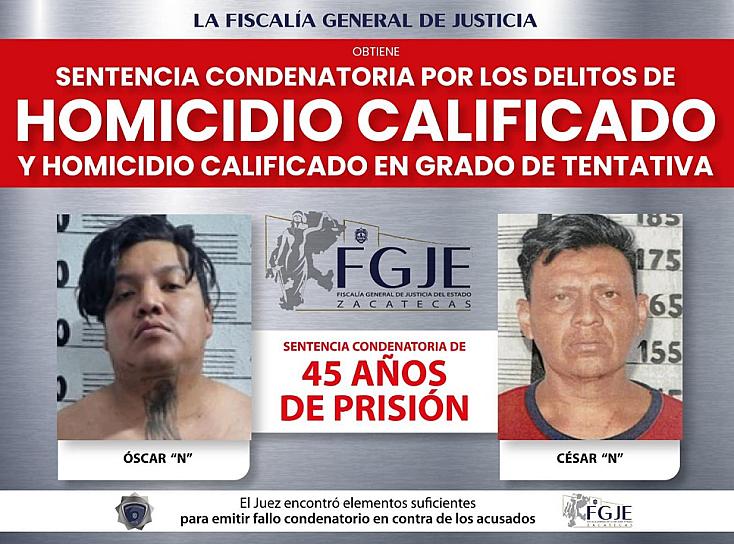 POR HOMICIDIO CALIFICADO, CONDENAN A 2 HOMBRES A 45 AÑOS DE CÁRCEL