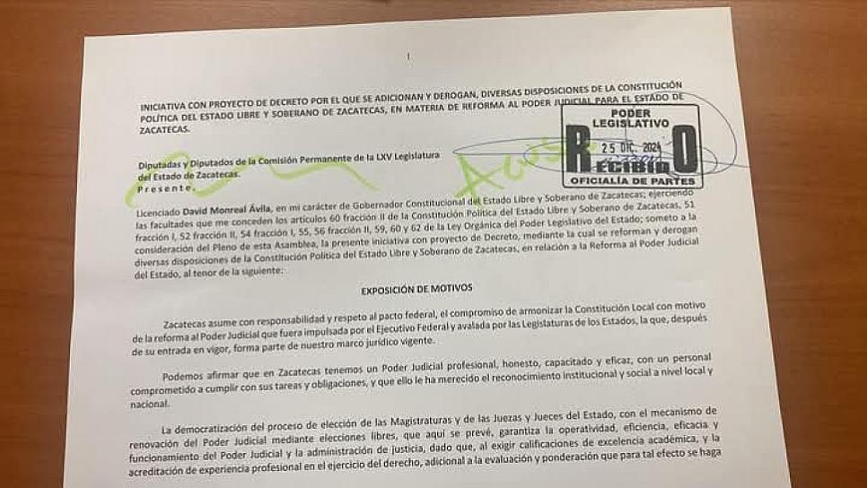 Presenta Gobierno de Zacatecas iniciativa de reforma al Poder Judicial del Estado