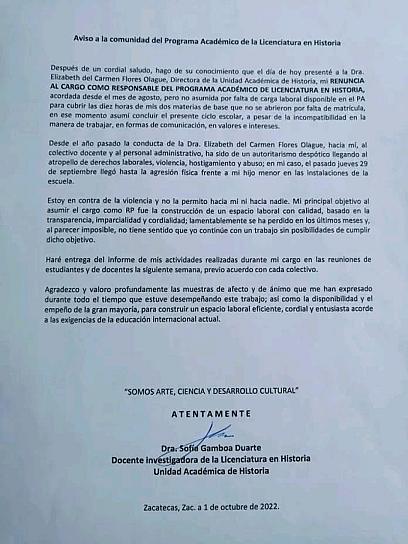 RENUNCIA RESPONSABLE DEL PROGRAMA DE HISTORIA; DENUNCIA AGRESIÓN FÍSICA DE LA DIRECTORA DE LA UNIDAD 
