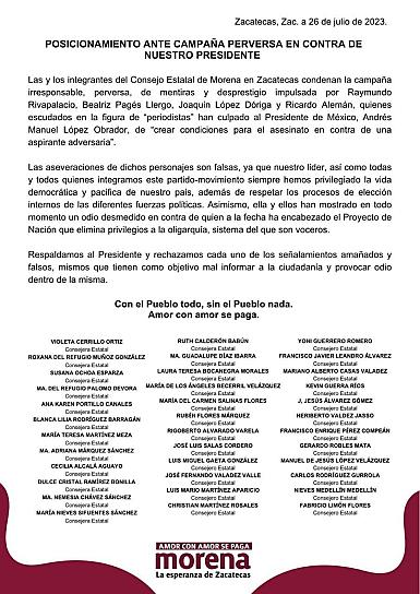 CONSEJO ESTATAL DE MORENA RESPALDA AL PRESIDENTE ANTE CAMPAÑA DE DESPRESTIGIO