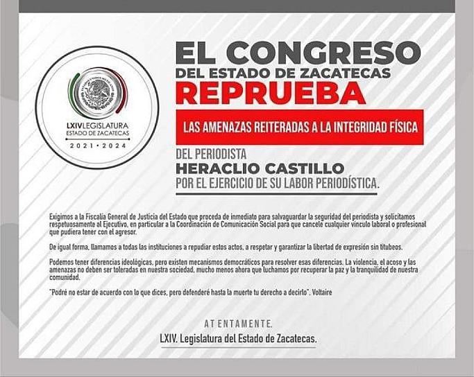 REPRUEBAN DIPUTADOS LOCALES AMENAZAS CONTRA PERIODISTA 