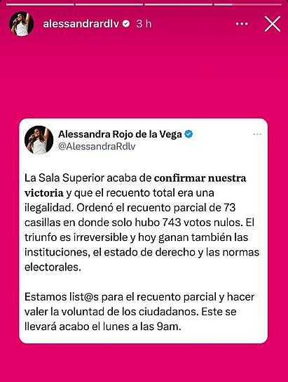 RATIFICA ALESSANDRA ROJO DE LA VEGA SU TRIUNFO EN LA CUAUHTÉMOC
