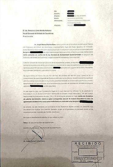 PIDE SFP A FGJEZ EJECUTAR ORDEN DE APREHENSIÓN CONTRA BENJAMÍN ‘N’