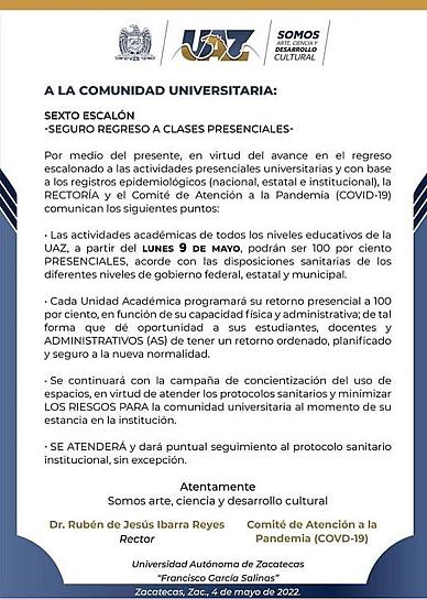 REANUDARÁ UAZ ACTIVIDADES 100 POR CIENTO PRESENCIAL EL PRÓXIMO 9 DE MAYO