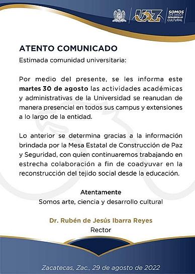 REANUDA UAZ CLASES PRESENCIALES ESTE MARTES