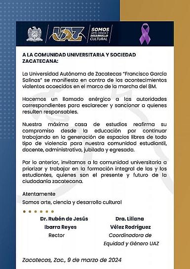 RECHAZA LA UAZ TODO TIPO DE VIOLENCIA 