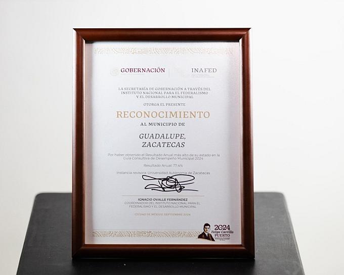 RECONOCE EL INAFED AL AYUNTAMIENTO DE GUADALUPE 