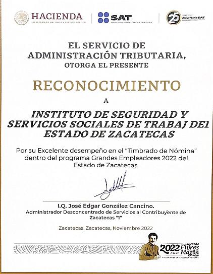 RECONOCE SAT A ISSSTEZAC POR CUMPLIR CON EL TIMBRADO DE NÓMINA