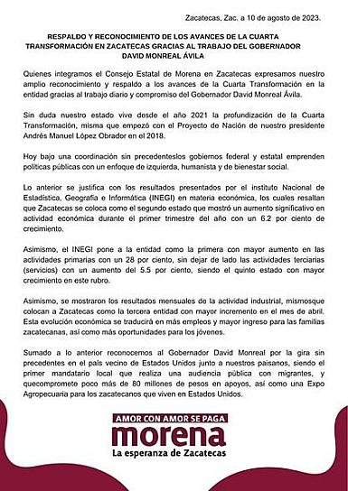 DEFIENDE COMITÉ ESTATAL DE MORENA ACCIONES DEL GOBERNADOR; RATIFICA SU RESPALDO A DMA 