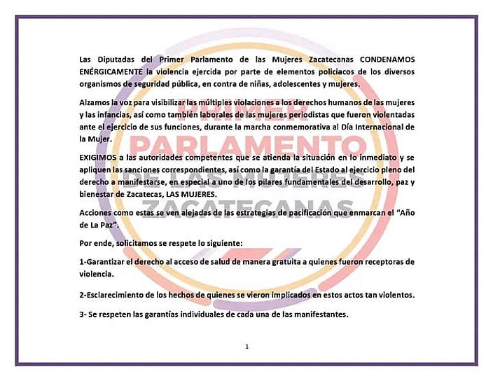 REPRUEBA PARLAMENTO DE MUJERES ZACATECANAS ABUSO POLICIAL EN MARCHA DEL DÍA DE LA MUJER