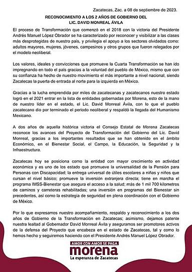 RESPALDA COMITÉ ESTATAL DE MORENA GESTIÓN DE DMA A DOS AÑOS DE SU GOBIERNO 