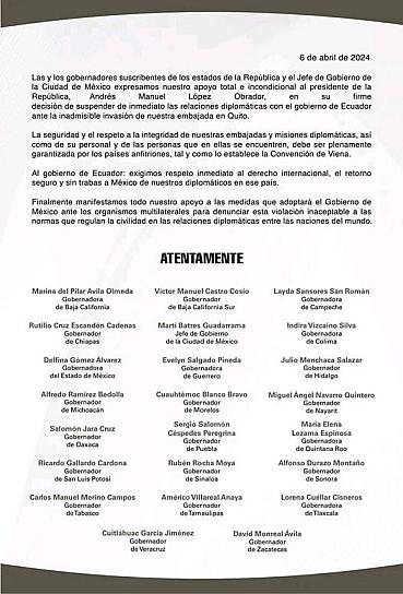 RESPALDAN GOBERNADORES DECISIÓN DE AMLO DE ROMPER RELACIONES DIPLOMÁTICAS CON ECUADOR 