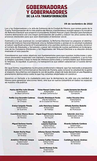 RESPALDAN GOBERNADORES MORENISTAS REFORMA ELECTORAL IMPULSADA POR AMLO