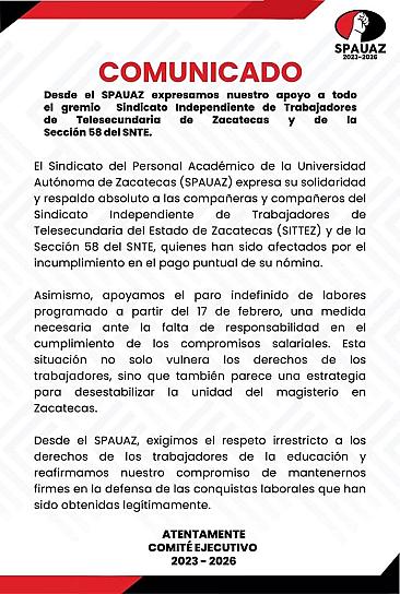 Respalda SPAUAZ paro indefinido del magisterio en Zacatecas