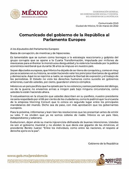 RESPONDE GOBIERNO DE AMLO AL PARLAMENTO EUROPEO, LOS LLAMA BORREGOS Y GOLPISTAS