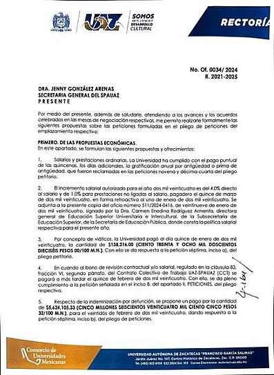 RESPONDE UAZ A PLIEGO PETITORIO DEL EMPLAZAMIENTO A HUELGA DEL SPAUAZ 