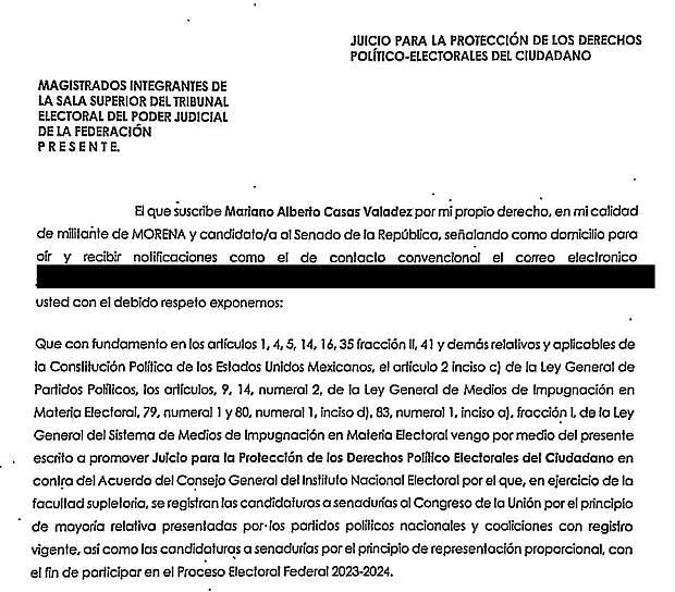 IMPUGNA MARIANO CASAS VALADEZ CANDIDATURA DE FERNÁNDEZ NOROÑA