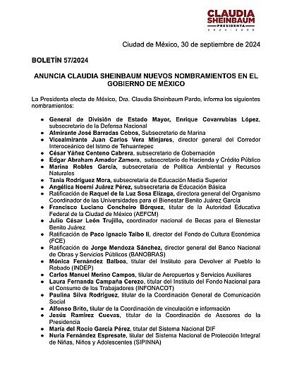 SALEN MÁS NOMBRAMIENTOS EN EL GABINETE DE CLAUDIA SHEINBAUM  &nbsp;