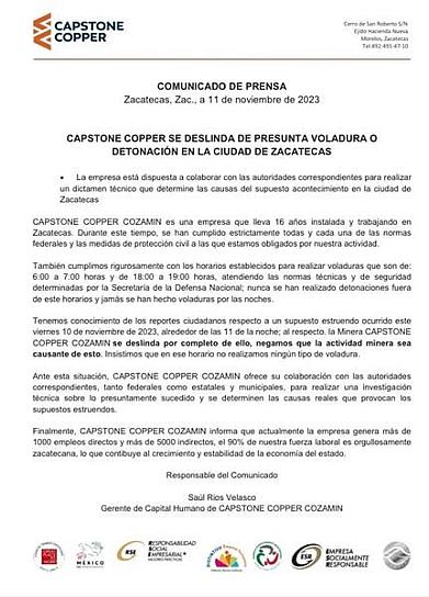 SE DESLINDA EMPRESA MINERA DE VOLADURAS; AFIRMA CAPSTONE COPPER CUMPLIR CON NORMATIVIDAD
