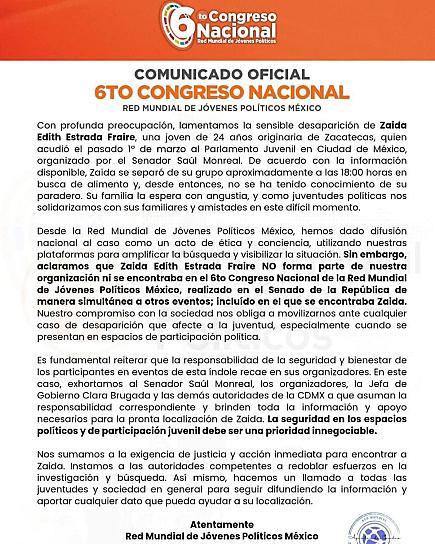 Se deslinda organización juvenil de la desaparición de Zaida Edith Estrada Fraire