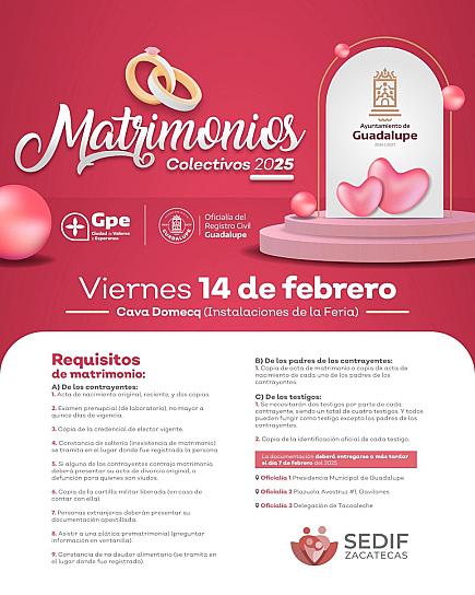 Abren convocatoria para matrimonios colectivos en Guadalupe