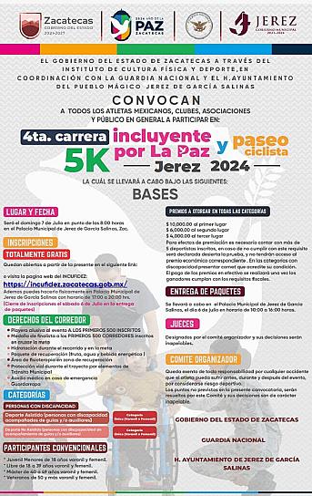 SE REALIZARÁ EN JEREZ LA CUARTA CARRERA INCLUYENTE Y PASEO CICLISTA POR LA PAZ