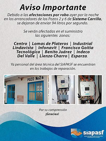 SIN AGUA COLONIAS DE FRESNILLO POR ROBO EN LOS POZOS DEL SISTEMA CARRILLO 