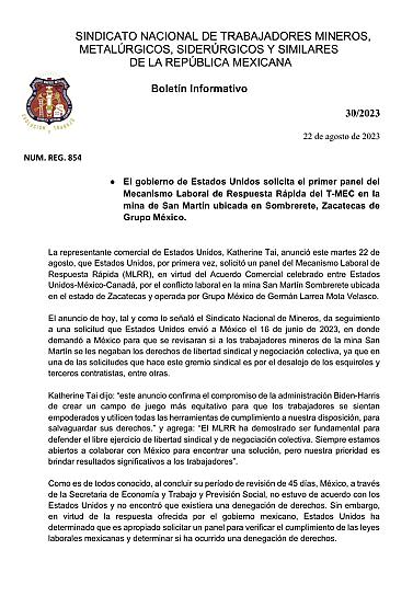 SOLICITA EU EL PRIMER PANEL LABORAL DEL T-MEC PARA MINA DE GRUPO MÉXICO