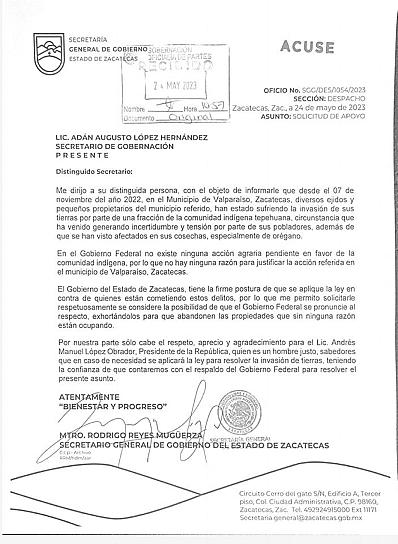 SOLICITA SECRETARIO DE GOBIERNO INTERVENCIÓN DE AUTORIDADES FEDERALES PARA RESOLVER INVASIÓN DE TIERRAS EN VALPARAÍSO