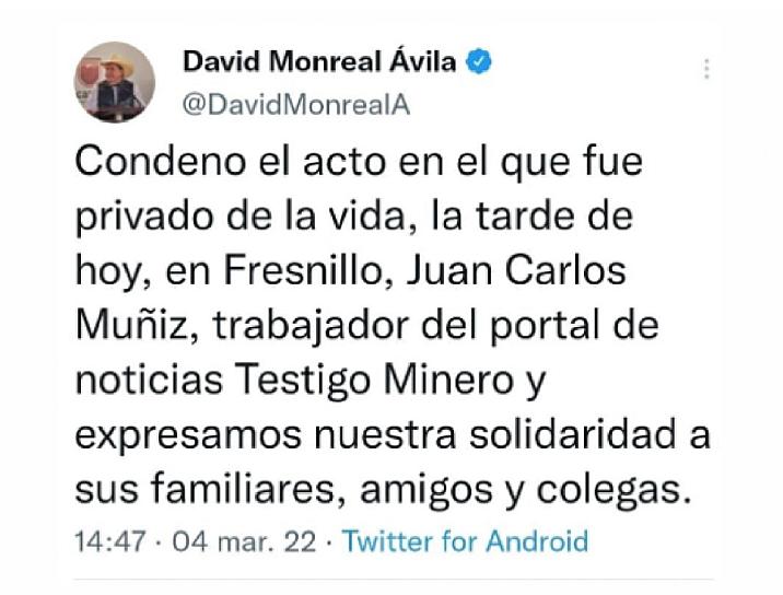 CONDENA GOBERNADOR DAVID MONREAL ÁVILA ASESINATO DE REPORTERO
