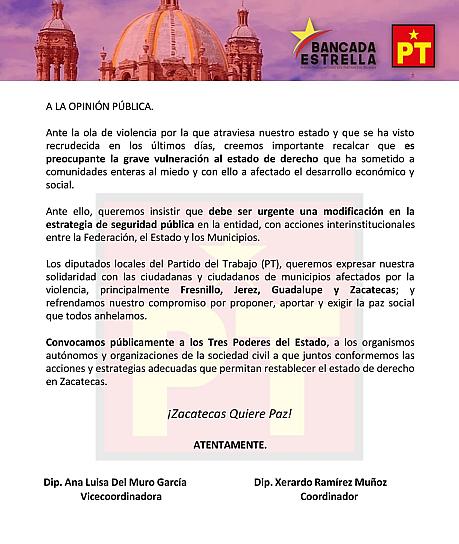 URGE PT A CAMBIAR ESTRATEGIA DE SEGURIDAD EN ZACATECAS 