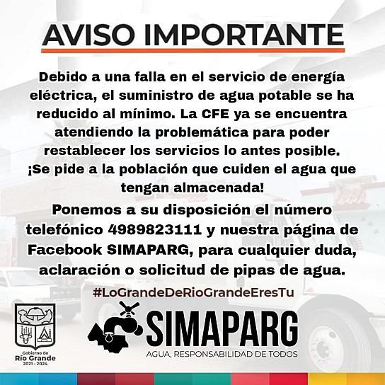 AFECTADO, SUMINISTRO DE AGUA POTABLE POR FALLAS EN LA CFE 