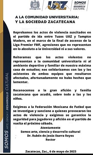 AFIRMA RECTOR DE LA UAZ QUE AFORTUNADAMENTE NO HUBO HECHOS QUE LAMENTAR TRAS PLEITO EN FINAL DE FUTBOL 