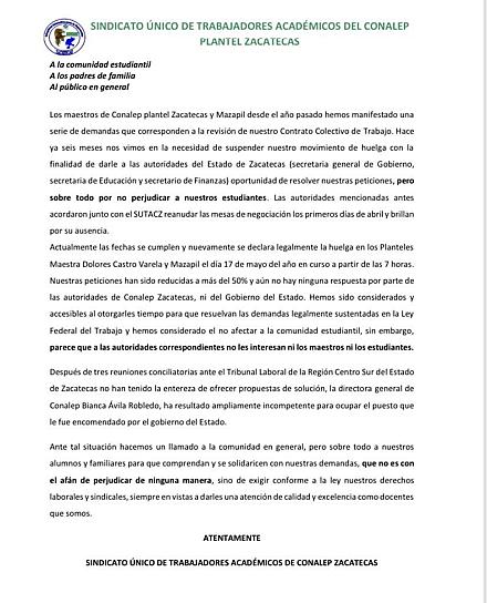 A HUELGA, PLANTELES DEL CONALEP EN ZACATECAS Y MAZAPIL