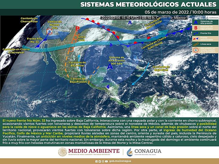 ALERTA CONAGUA DE FRENTE FRÍO 33, PREVÉN RACHAS DE VIENTO DE HASTA 90 KM/H EN EL NOROESTE Y NORTE DE MÉXICO