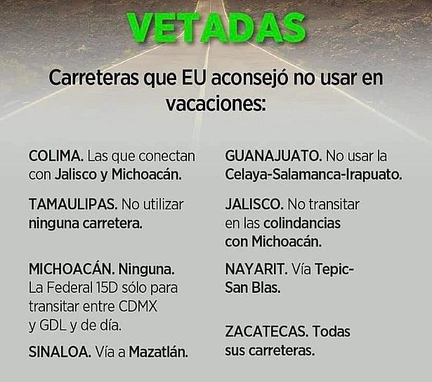 ALERTA EU DE CARRETERAS PELIGROSAS EN MÉXICO, ZACATECAS INCLUIDO 