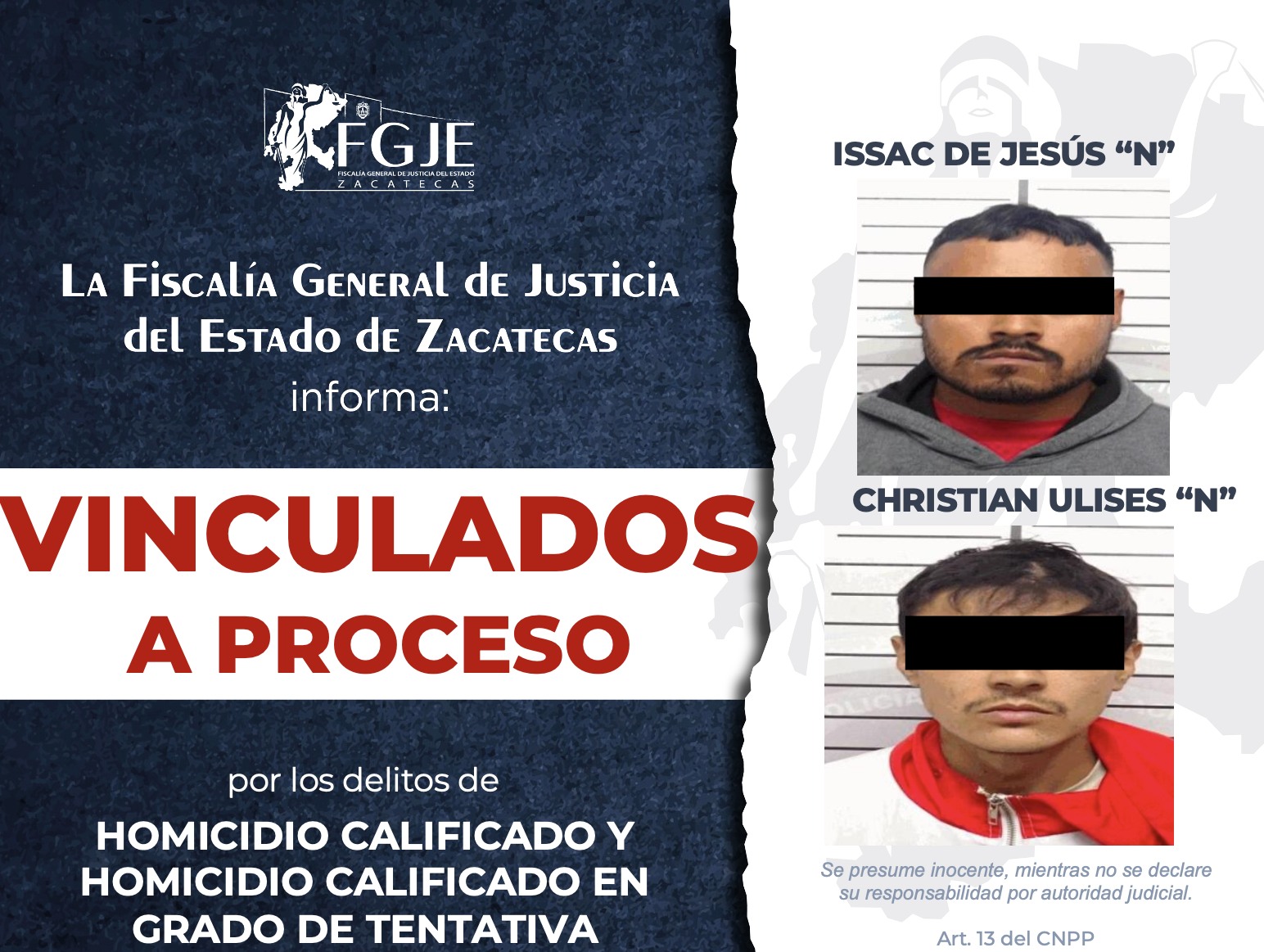 VINCULAN A PROCESO A DOS HOMBRES POR HOMICIDIO EN GUADALUPE