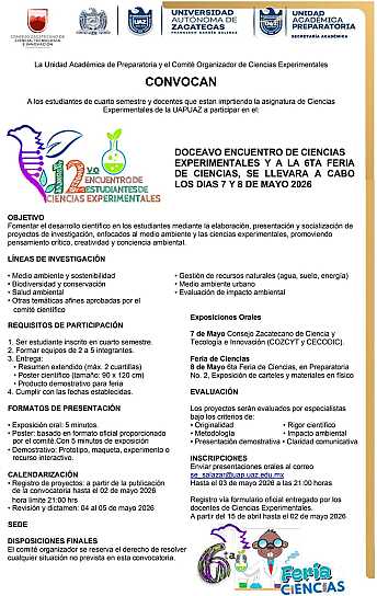 CONVOCA UAPUAZ A ENCUENTRO DE CIENCIAS EXPERIMENTALES Y FERIA DE CIENCIAS