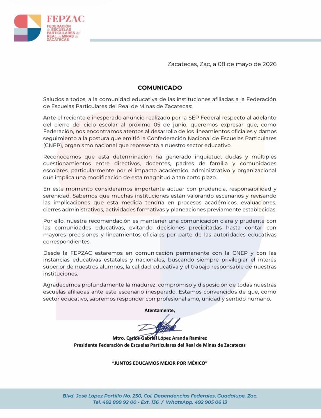MANIFIESTA FEPZAC PREOCUPACIÓN POR ADELANTO DEL CIERRE DEL CICLO ESCOLAR