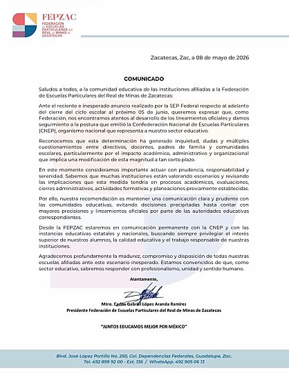 MANIFIESTA FEPZAC PREOCUPACIÓN POR ADELANTO DEL CIERRE DEL CICLO ESCOLAR