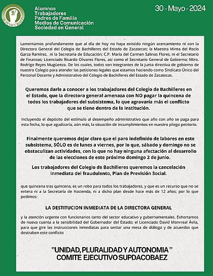 AMENAZAN AUTORIDADES CON NO PAGARNOS LA QUINCENA: SUPDACOBAEZ