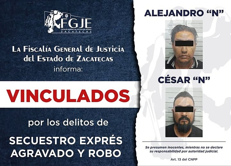 VINCULAN A DOS HOMBRES POR SECUESTRO EXPRÉS AGRAVADO Y ROBO EN PINOS
