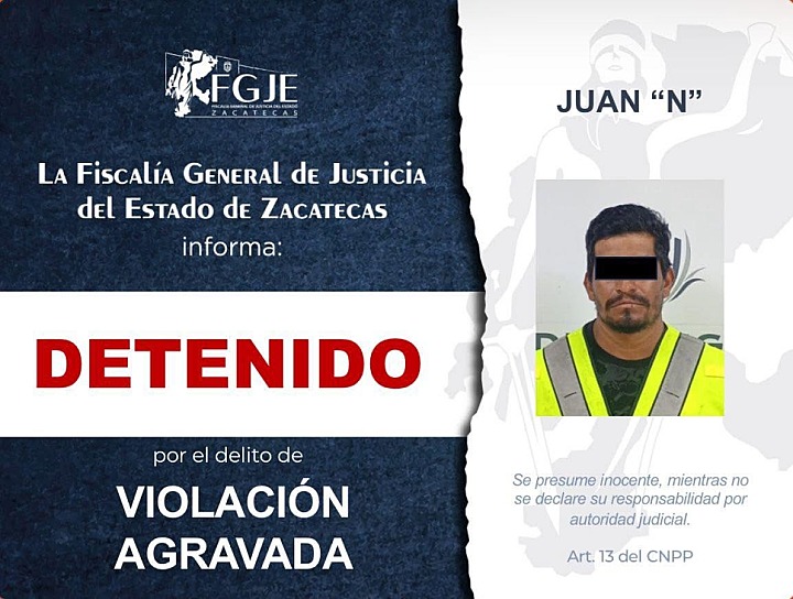 DETIENEN A JUAN "N" EN DURANGO POR VIOLACIÓN AGRAVADA