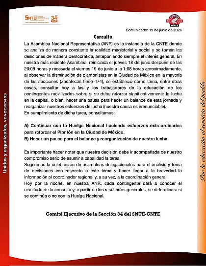 CONSULTA SECCIÓN 34 DEL SNTE-CNTE CONTINUIDAD DE HUELGA NACIONAL
