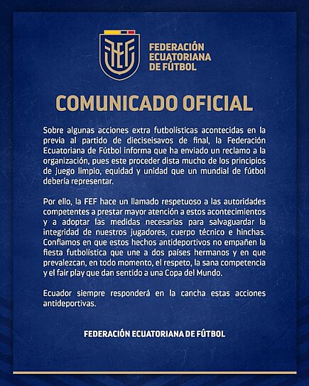 EMITE FEDERACIÓN ECUATORIANA RECLAMO POR HECHOS PREVIOS A PARTIDO MUNDIALISTA